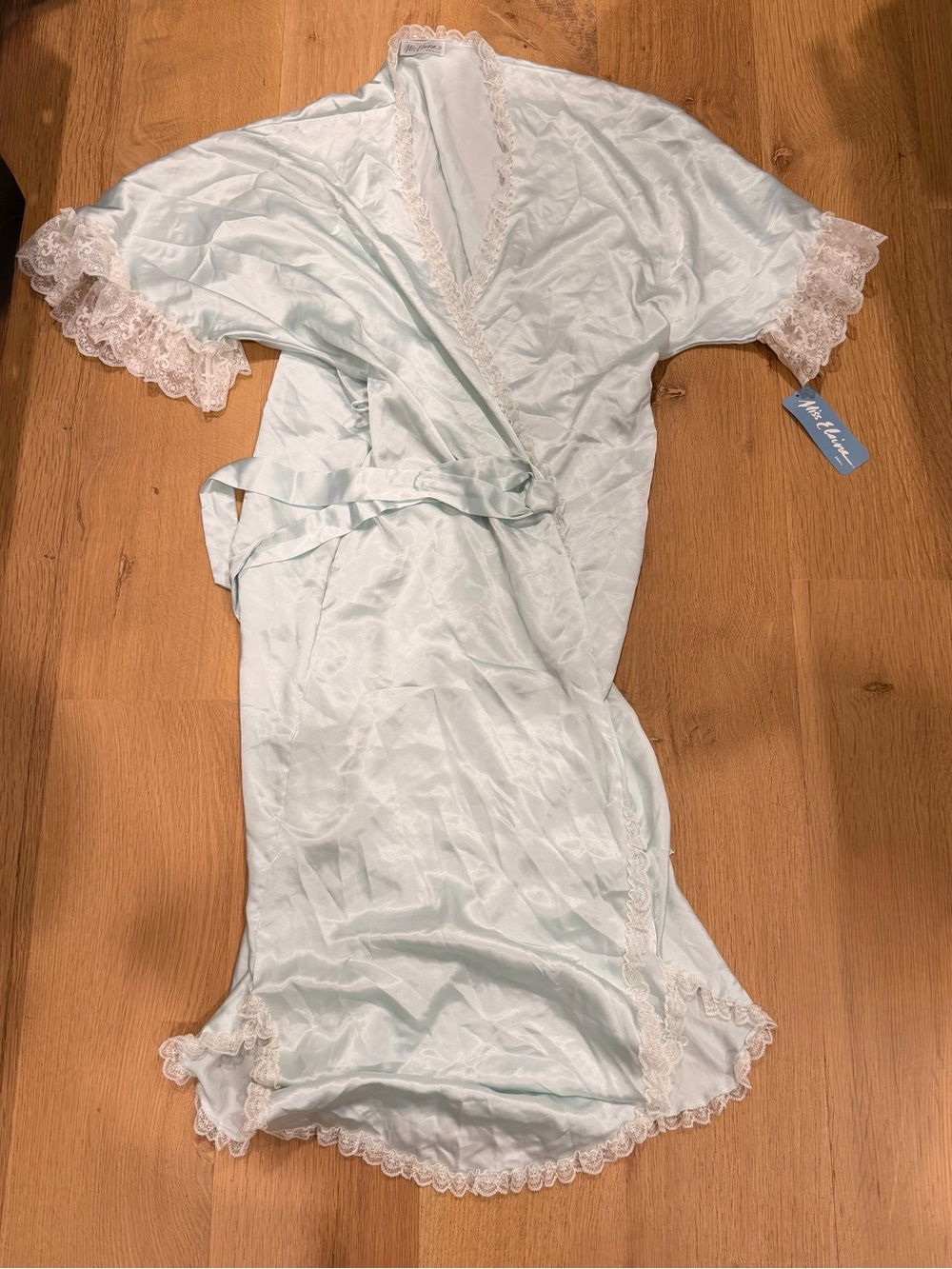 Vintage Miss Elaine Satin Peignoir Robe Blue Lace NWT USA Small